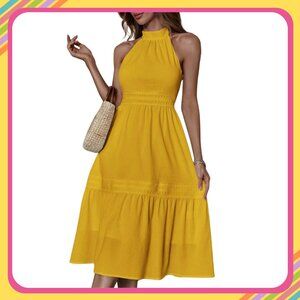 Lace Panel Ruffle Hem Halter Dress